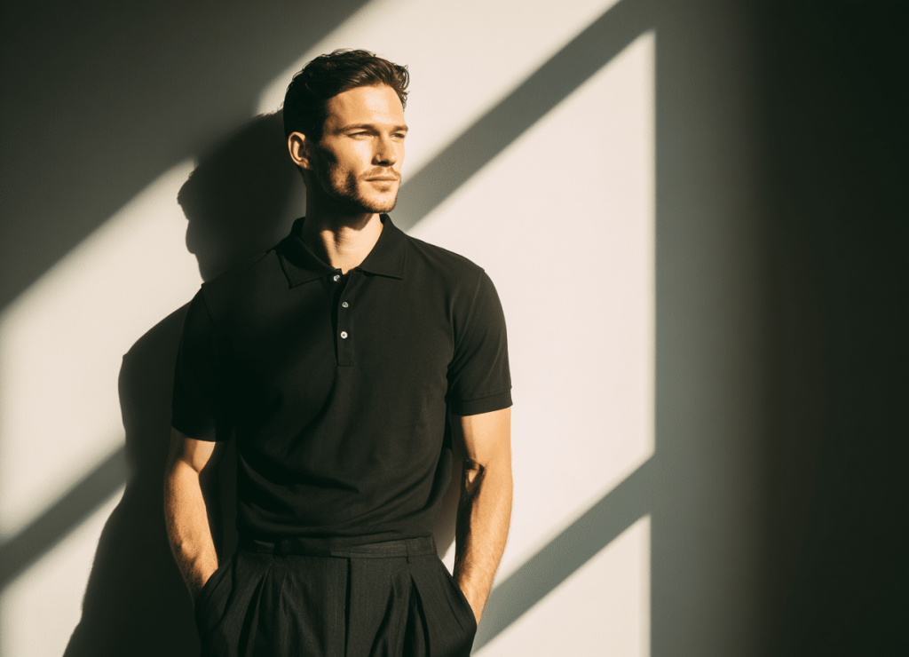 Ein schwarzes Poloshirt und eine Hose: minimalistisch gekleidet, maximal fokussiert. Wer bewusst reduziert, gewinnt Klarheit – im Kleiderschrank und im Kopf.