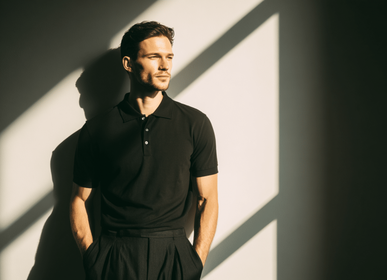 Ein schwarzes Poloshirt und eine Hose: minimalistisch gekleidet, maximal fokussiert. Wer bewusst reduziert, gewinnt Klarheit – im Kleiderschrank und im Kopf.