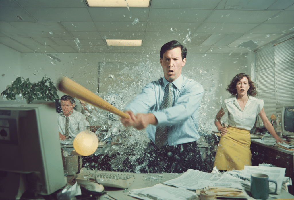 Im Wutworkshop dürfen Dinge zu Bruch gehen, die im Büroalltag heilig sind – Kontrolle, Höflichkeit, Drucker.